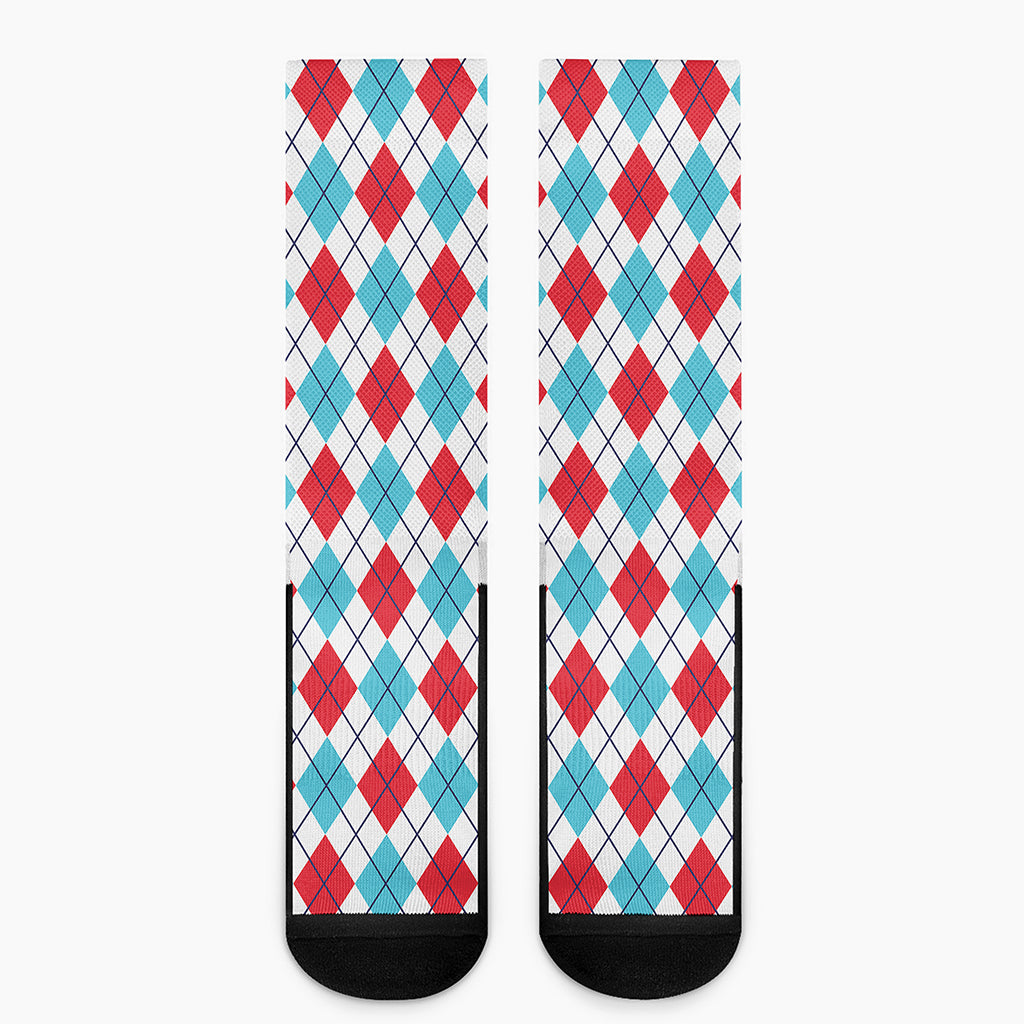 White Red And Blue Argyle Pattern Print Crew Socks
