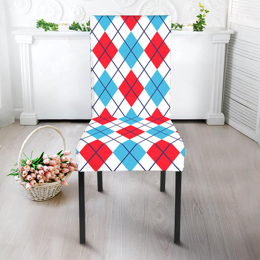 White Red And Blue Argyle Pattern Print Dining Chair Slipcover