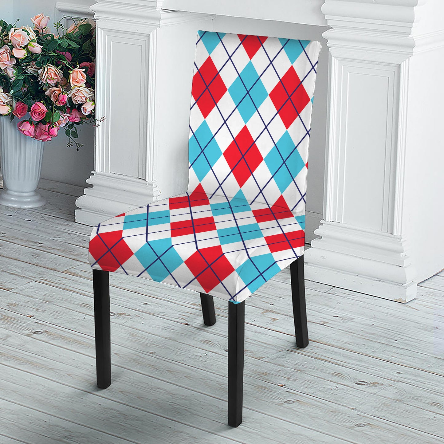 White Red And Blue Argyle Pattern Print Dining Chair Slipcover