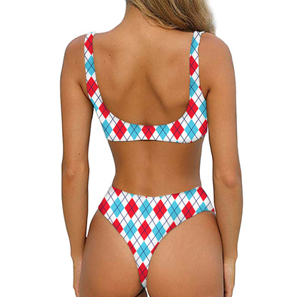 White Red And Blue Argyle Pattern Print Front Bow Tie Bikini