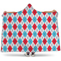White Red And Blue Argyle Pattern Print Hooded Blanket