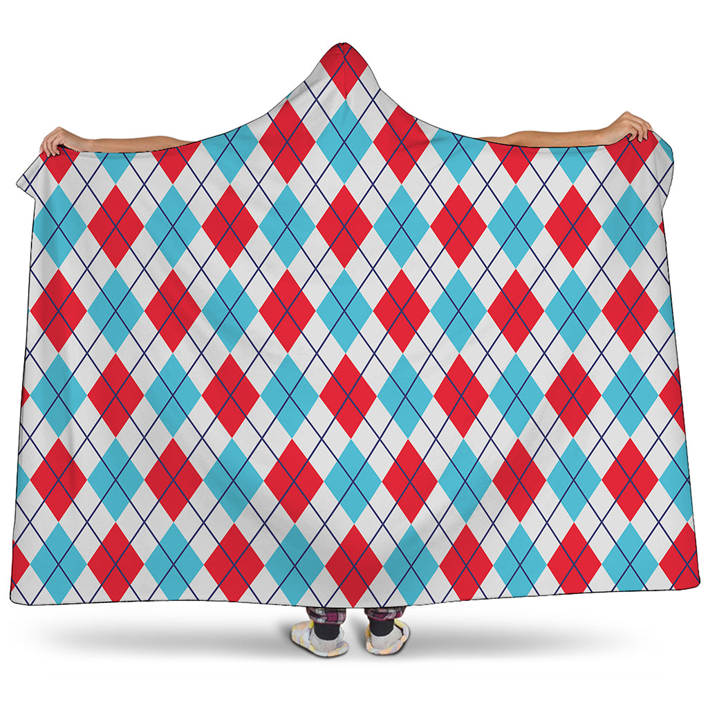 White Red And Blue Argyle Pattern Print Hooded Blanket