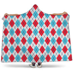 White Red And Blue Argyle Pattern Print Hooded Blanket