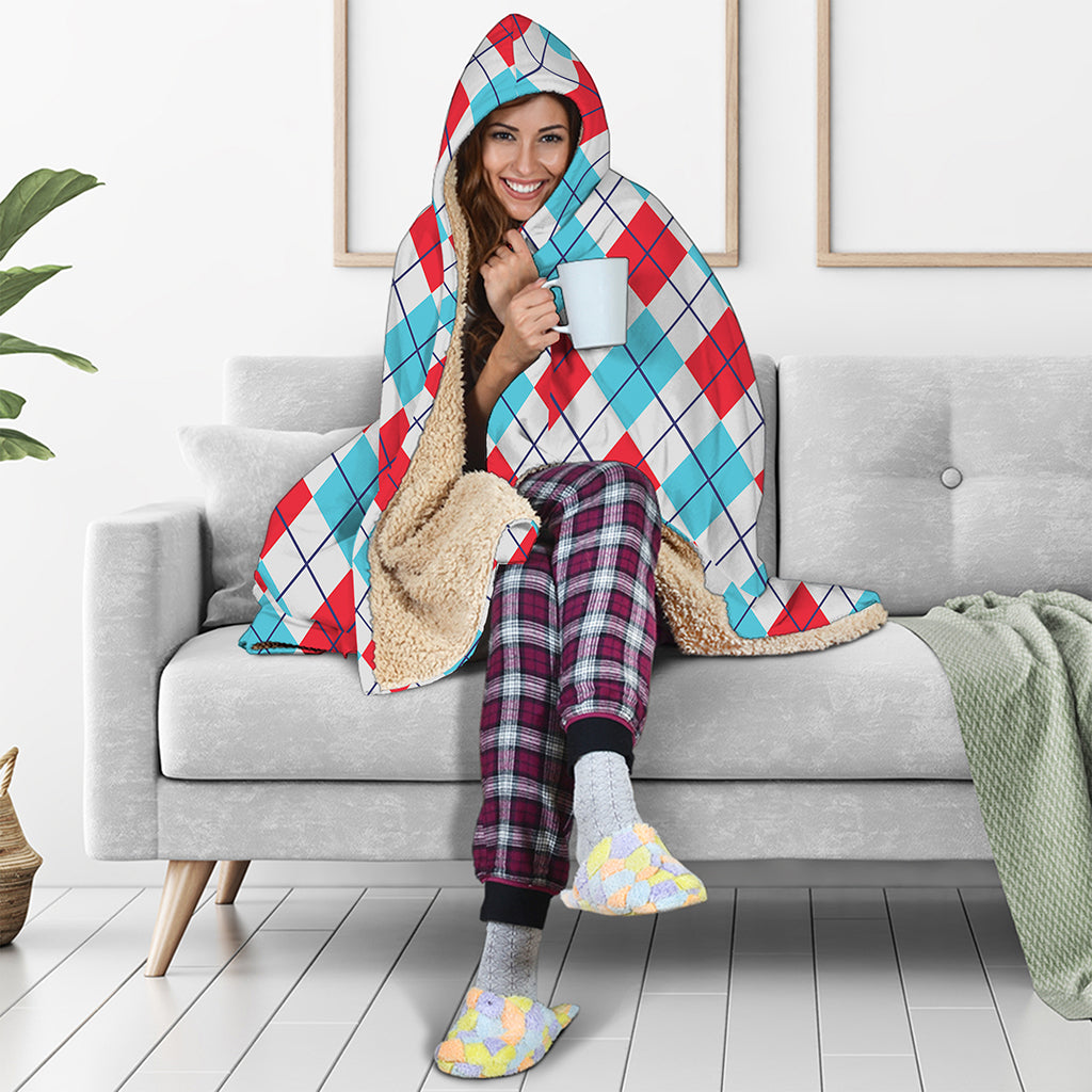 White Red And Blue Argyle Pattern Print Hooded Blanket