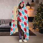 White Red And Blue Argyle Pattern Print Hooded Blanket