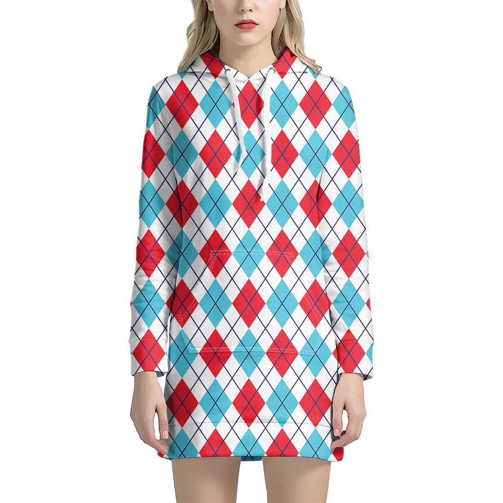 White Red And Blue Argyle Pattern Print Hoodie Dress