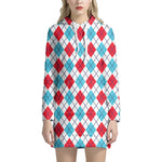 White Red And Blue Argyle Pattern Print Hoodie Dress