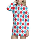 White Red And Blue Argyle Pattern Print Hoodie Dress