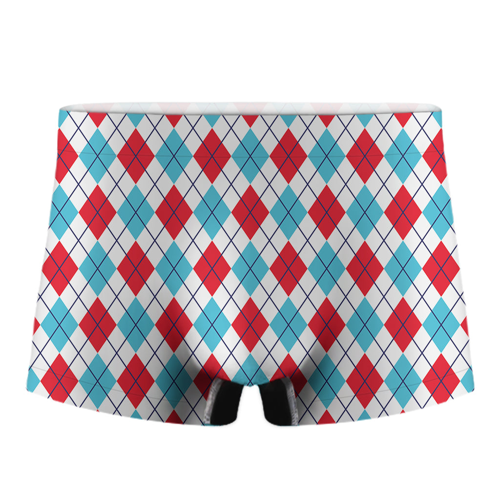 White Red And Blue Argyle Pattern Print Men's Boxer Briefs