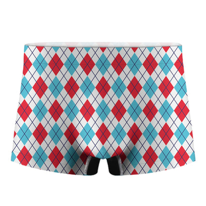 White Red And Blue Argyle Pattern Print Men's Boxer Briefs