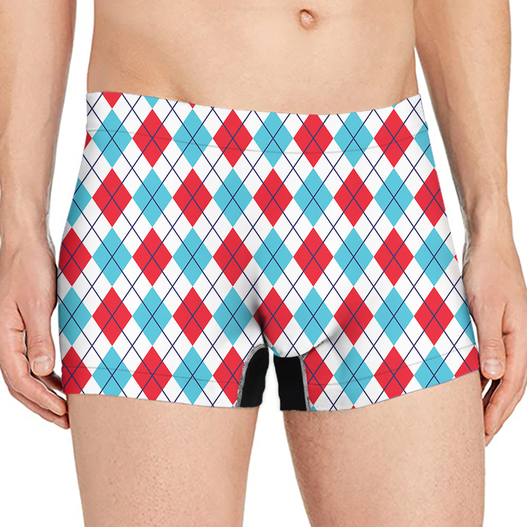 White Red And Blue Argyle Pattern Print Men's Boxer Briefs