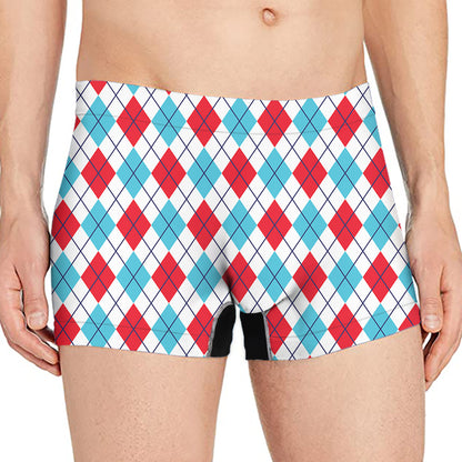 White Red And Blue Argyle Pattern Print Men's Boxer Briefs
