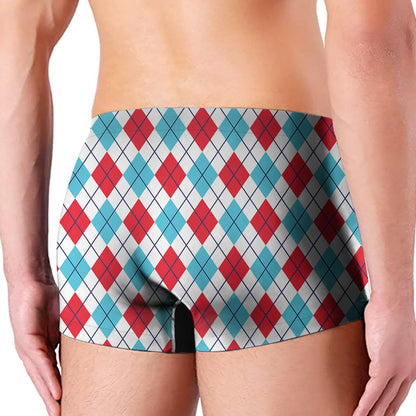 White Red And Blue Argyle Pattern Print Men's Boxer Briefs
