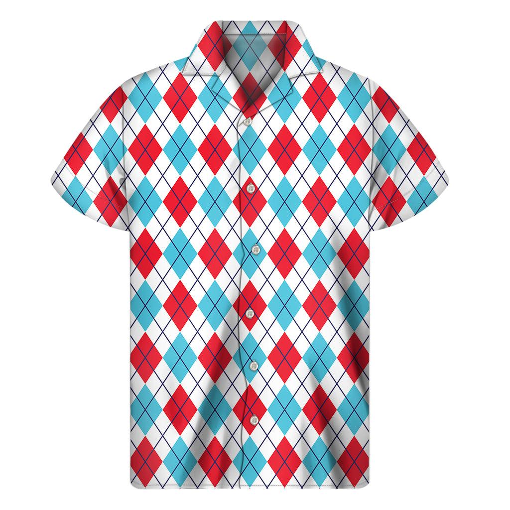 White Red And Blue Argyle Pattern Print Men's Short Sleeve Shirt