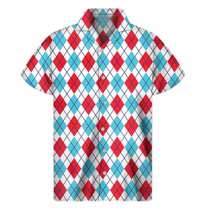 White Red And Blue Argyle Pattern Print Men's Short Sleeve Shirt