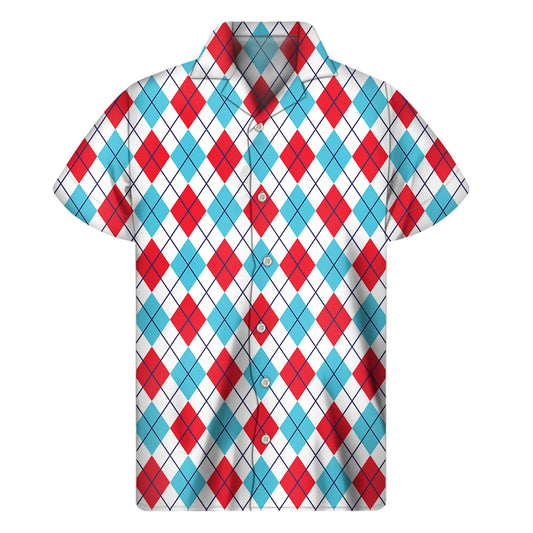 White Red And Blue Argyle Pattern Print Men's Short Sleeve Shirt