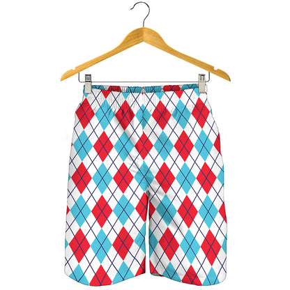 White Red And Blue Argyle Pattern Print Men's Shorts