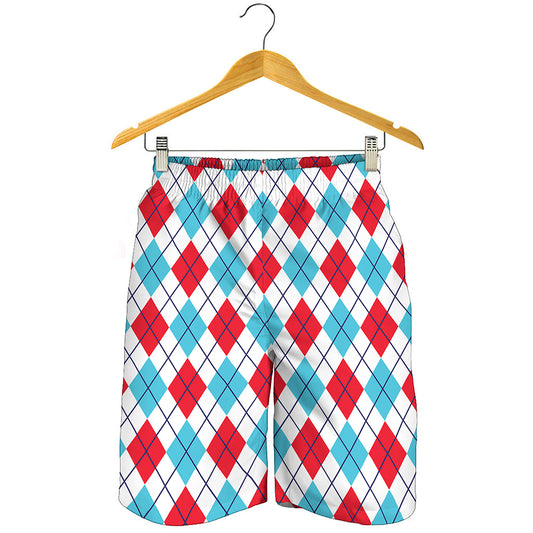 White Red And Blue Argyle Pattern Print Men's Shorts