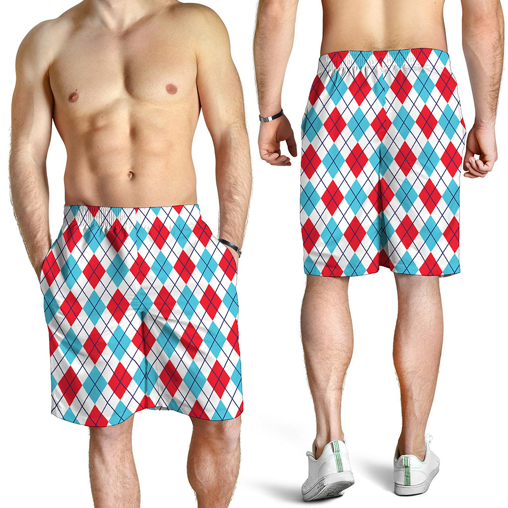 White Red And Blue Argyle Pattern Print Men's Shorts