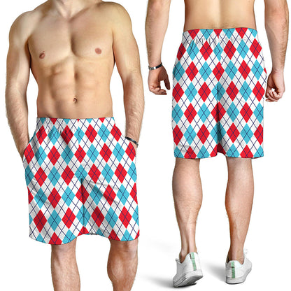 White Red And Blue Argyle Pattern Print Men's Shorts