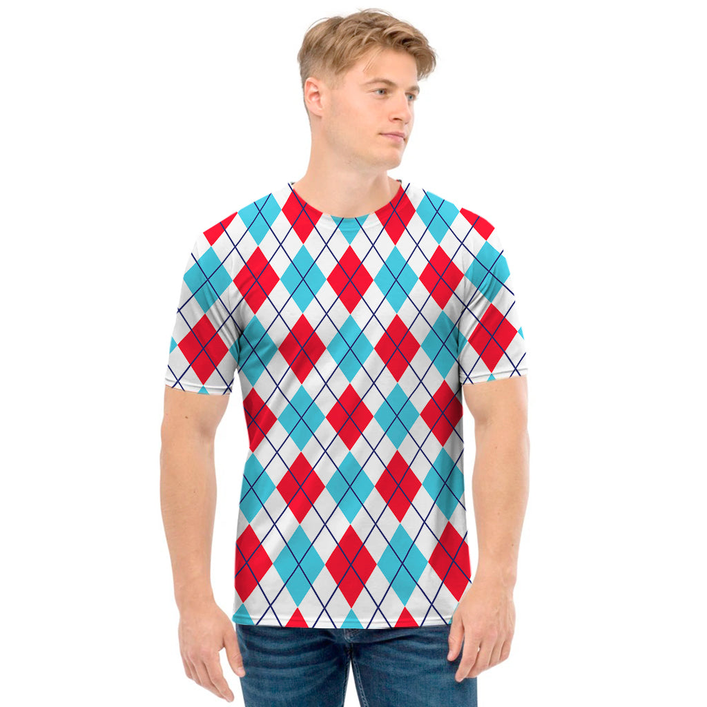 White Red And Blue Argyle Pattern Print Men's T-Shirt