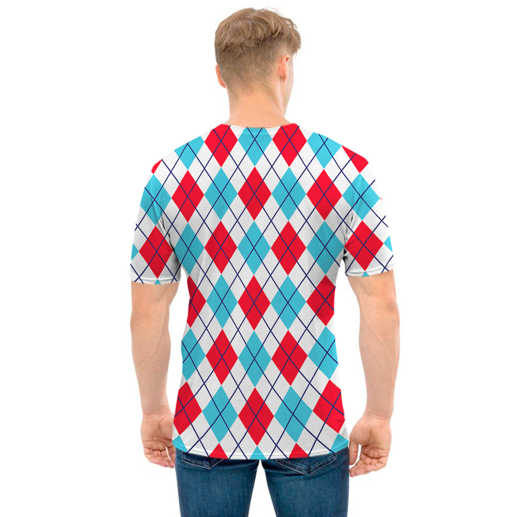 White Red And Blue Argyle Pattern Print Men's T-Shirt