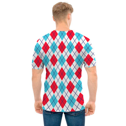 White Red And Blue Argyle Pattern Print Men's T-Shirt