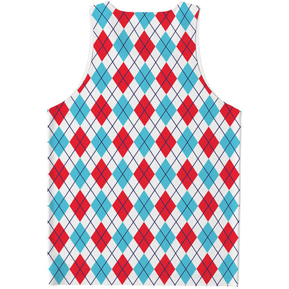 White Red And Blue Argyle Pattern Print Men's Tank Top