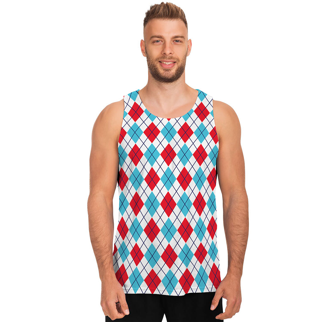 White Red And Blue Argyle Pattern Print Men's Tank Top