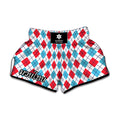 White Red And Blue Argyle Pattern Print Muay Thai Boxing Shorts