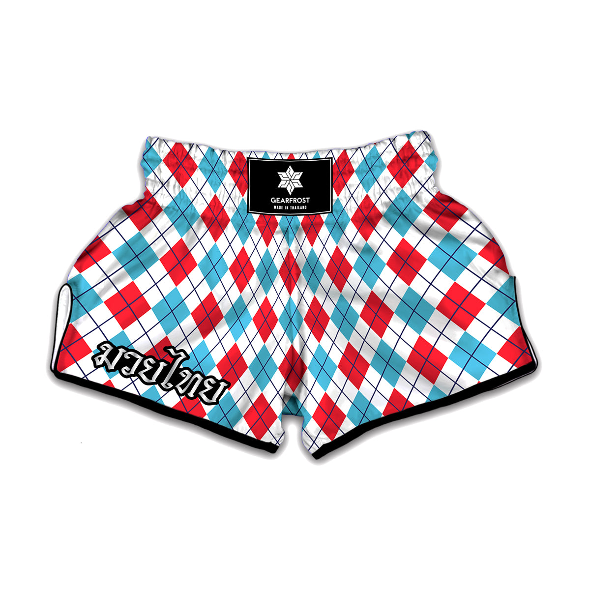 White Red And Blue Argyle Pattern Print Muay Thai Boxing Shorts