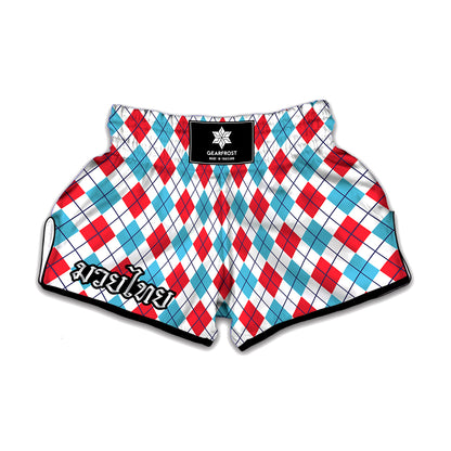 White Red And Blue Argyle Pattern Print Muay Thai Boxing Shorts