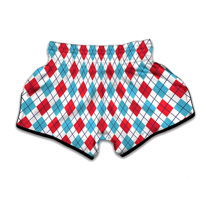 White Red And Blue Argyle Pattern Print Muay Thai Boxing Shorts