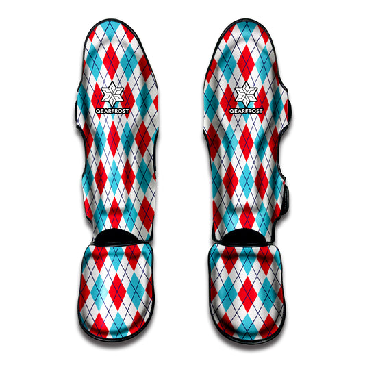 White Red And Blue Argyle Pattern Print Muay Thai Shin Guard