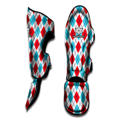White Red And Blue Argyle Pattern Print Muay Thai Shin Guard
