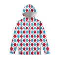 White Red And Blue Argyle Pattern Print Pullover Hoodie
