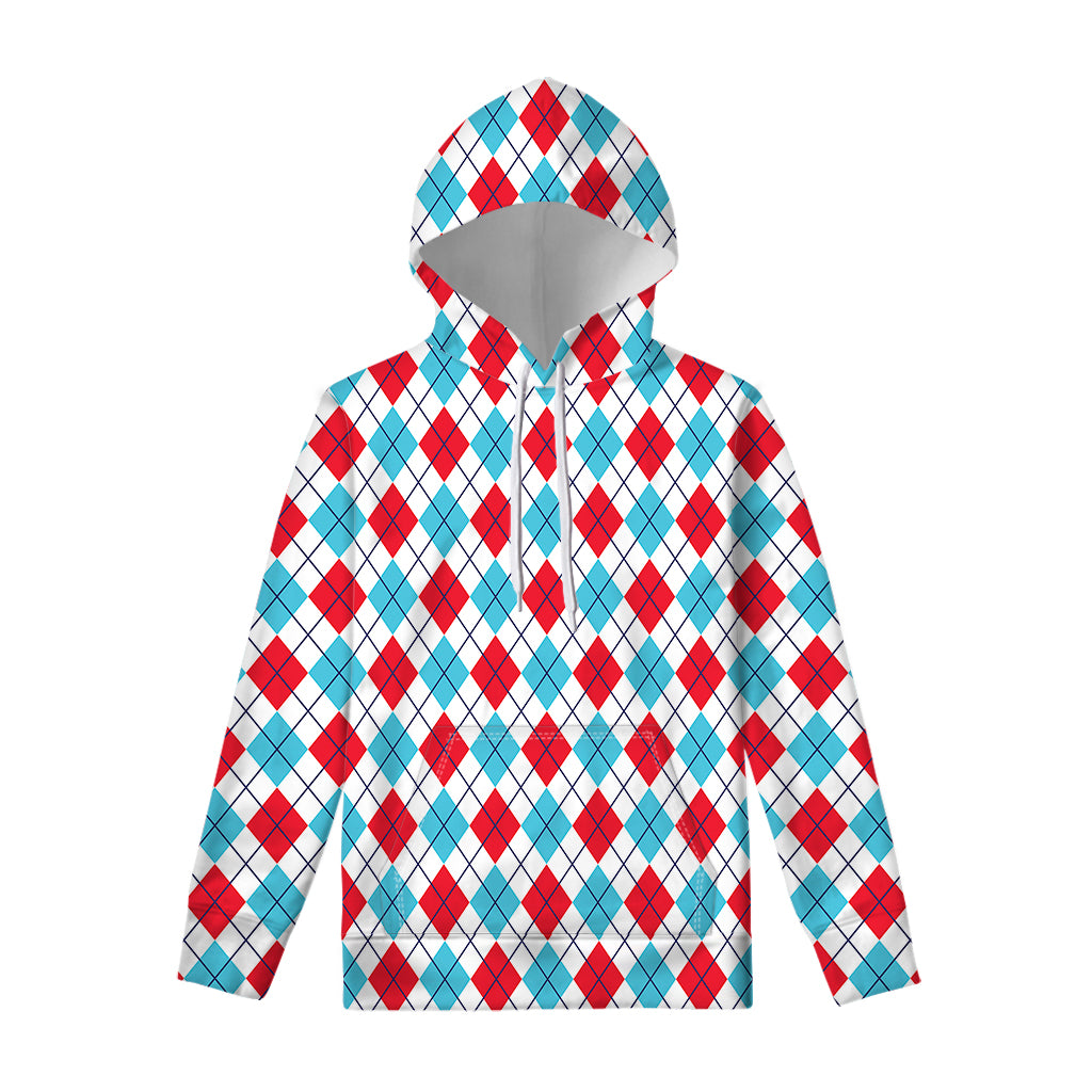 White Red And Blue Argyle Pattern Print Pullover Hoodie