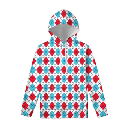 White Red And Blue Argyle Pattern Print Pullover Hoodie