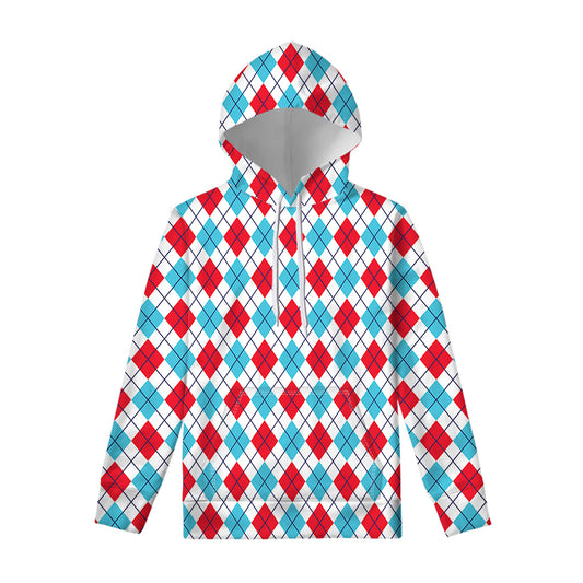 White Red And Blue Argyle Pattern Print Pullover Hoodie