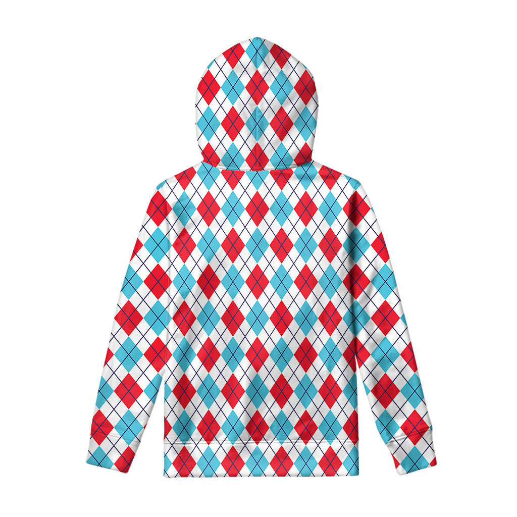 White Red And Blue Argyle Pattern Print Pullover Hoodie