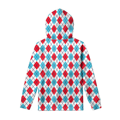 White Red And Blue Argyle Pattern Print Pullover Hoodie