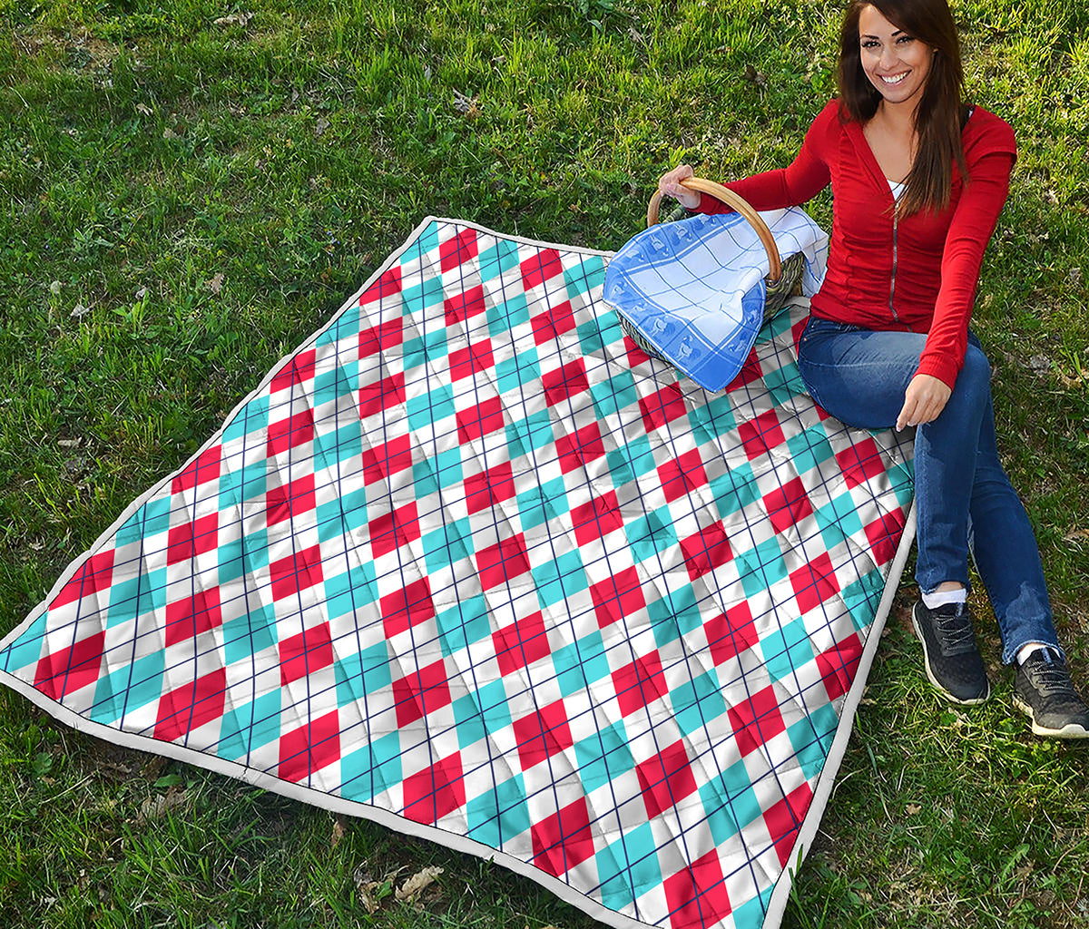 White Red And Blue Argyle Pattern Print Quilt