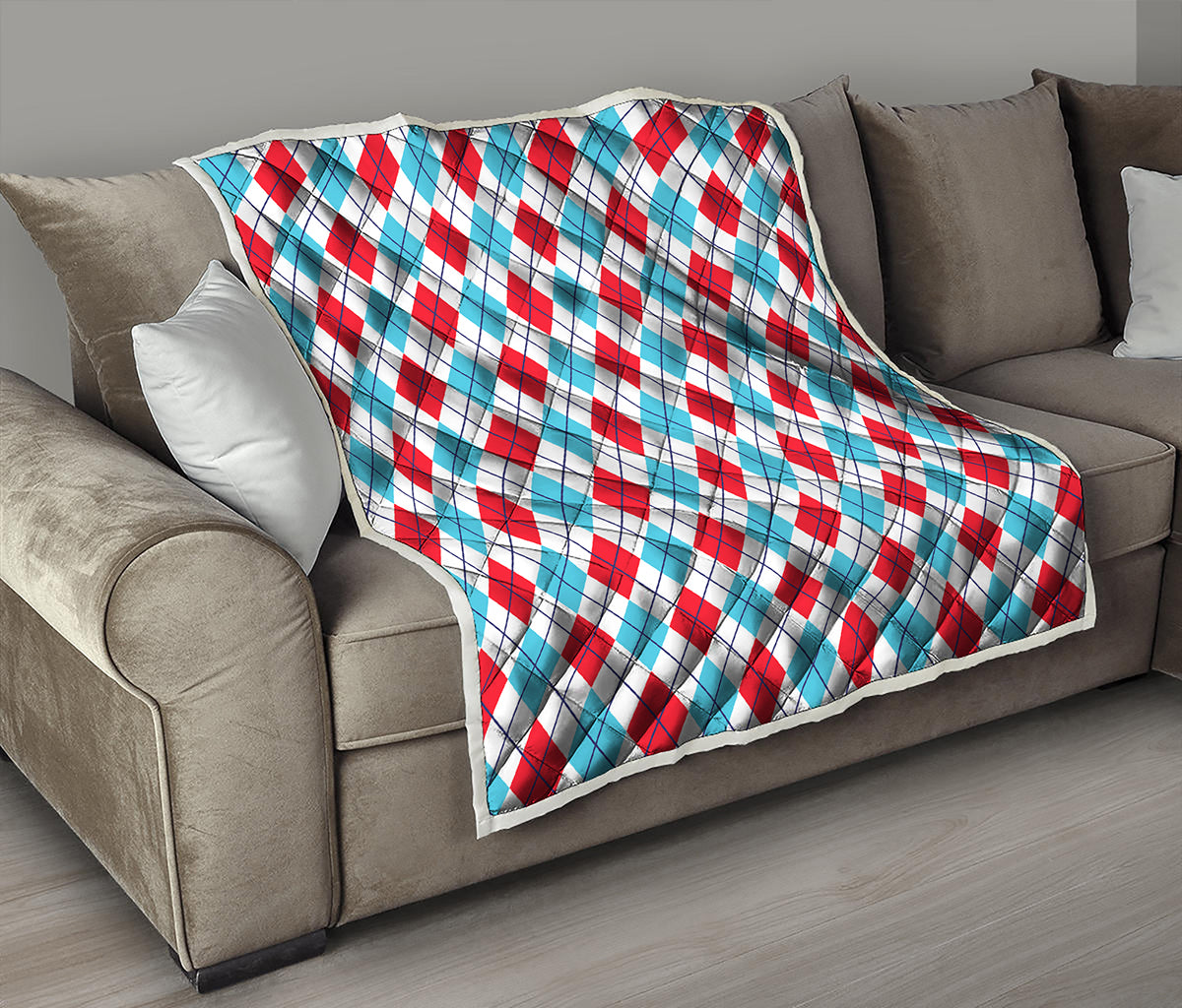 White Red And Blue Argyle Pattern Print Quilt