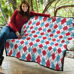 White Red And Blue Argyle Pattern Print Quilt