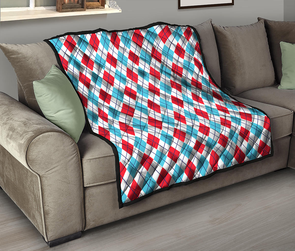 White Red And Blue Argyle Pattern Print Quilt
