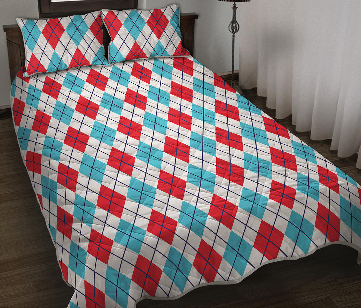 White Red And Blue Argyle Pattern Print Quilt Bed Set