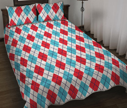 White Red And Blue Argyle Pattern Print Quilt Bed Set
