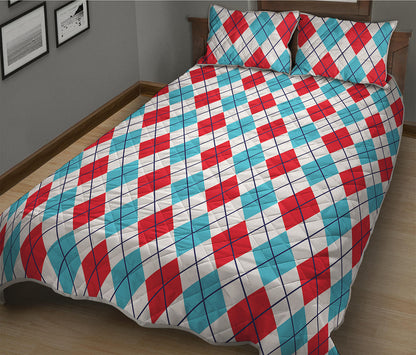 White Red And Blue Argyle Pattern Print Quilt Bed Set