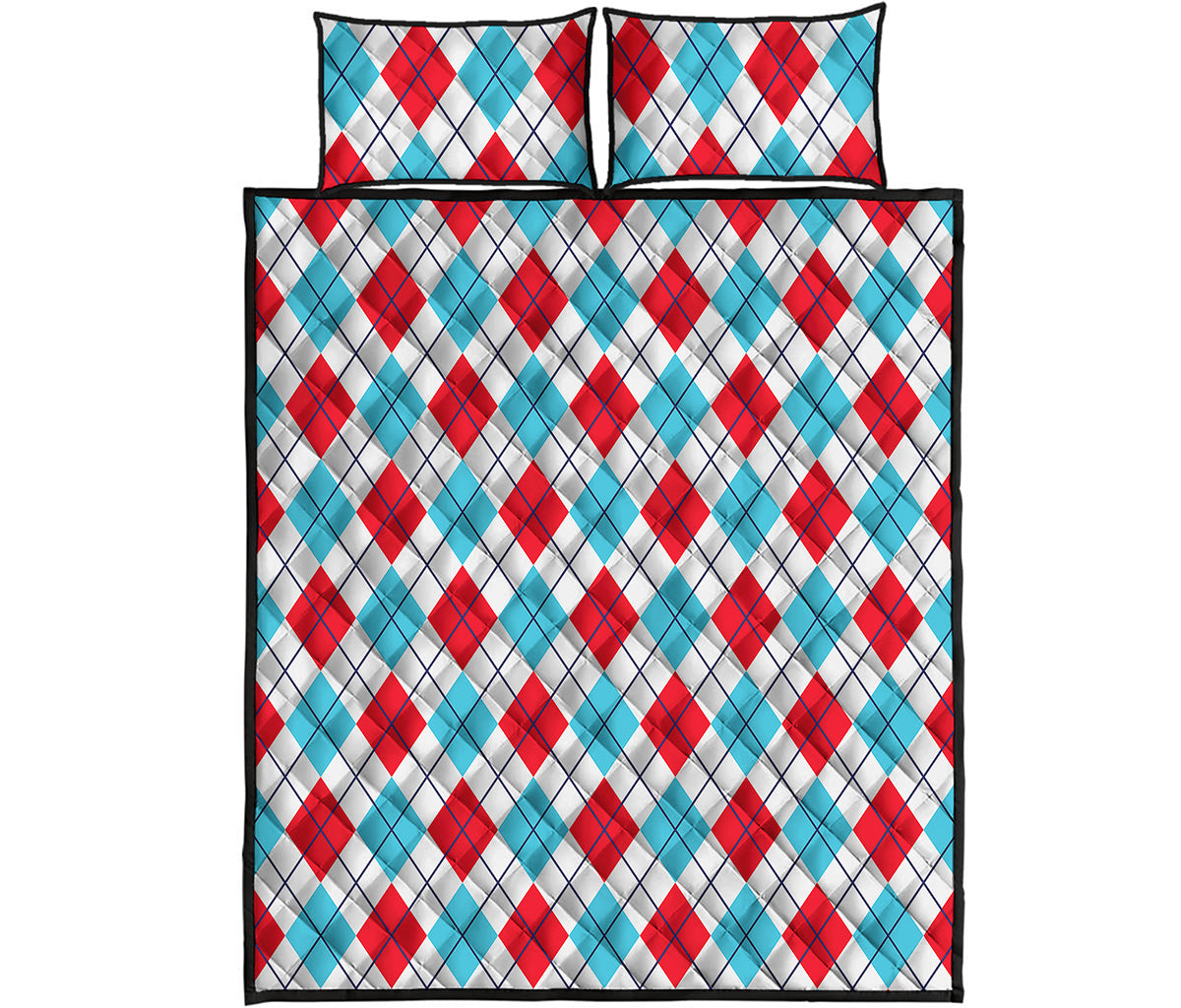 White Red And Blue Argyle Pattern Print Quilt Bed Set