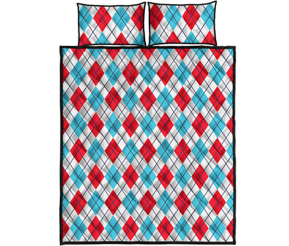 White Red And Blue Argyle Pattern Print Quilt Bed Set